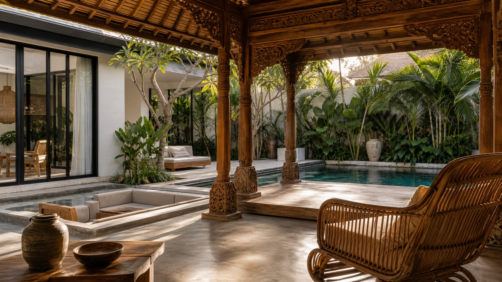 Canggu Bali villa hero: Joglo pavilion entrance with carved teak columns, rattan lounge detail, and tropical planting.