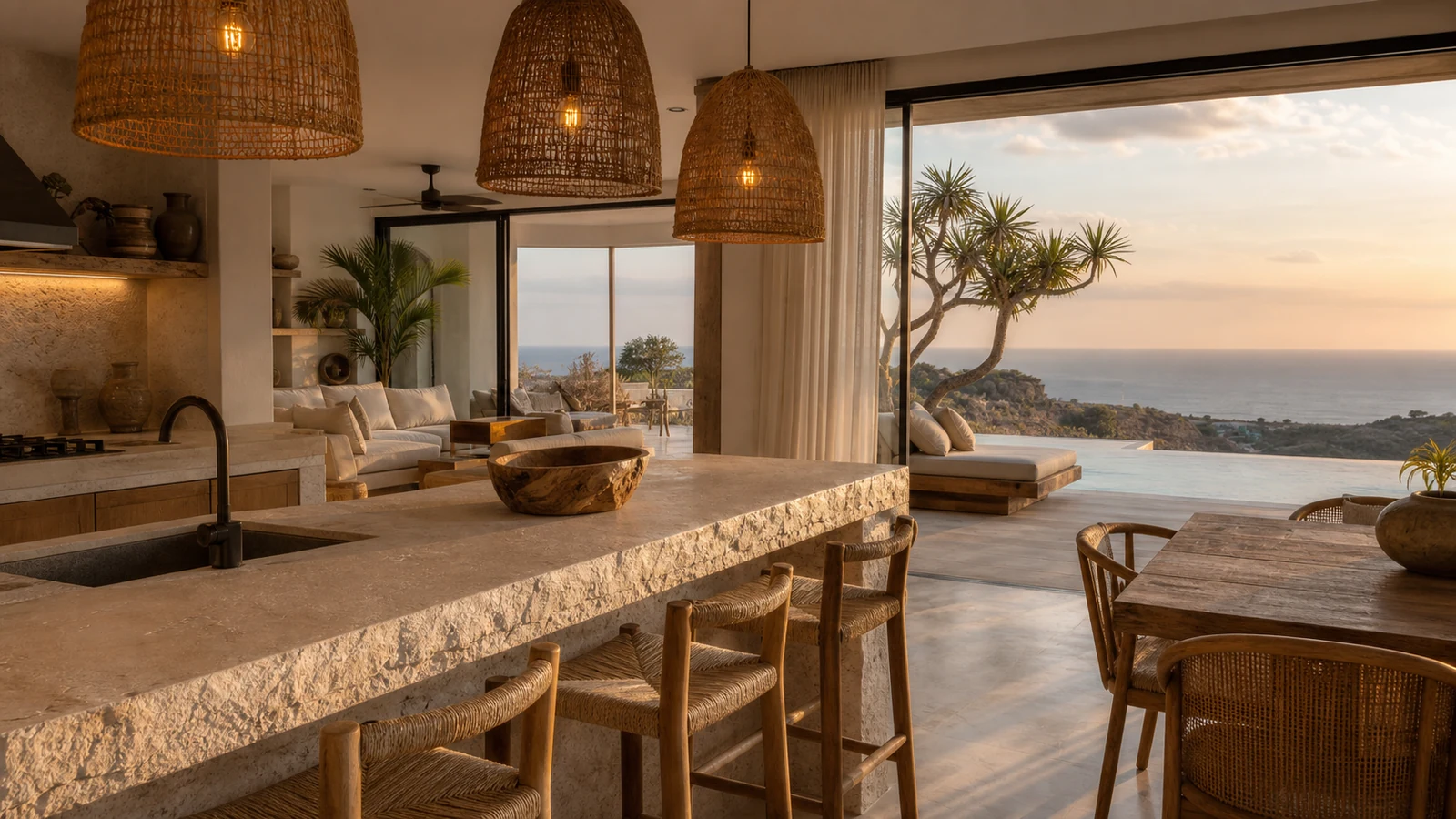 Uluwatu Bali villa main room: kitchen island with stone countertop, teak stools, rattan pendant lights, and garden view.