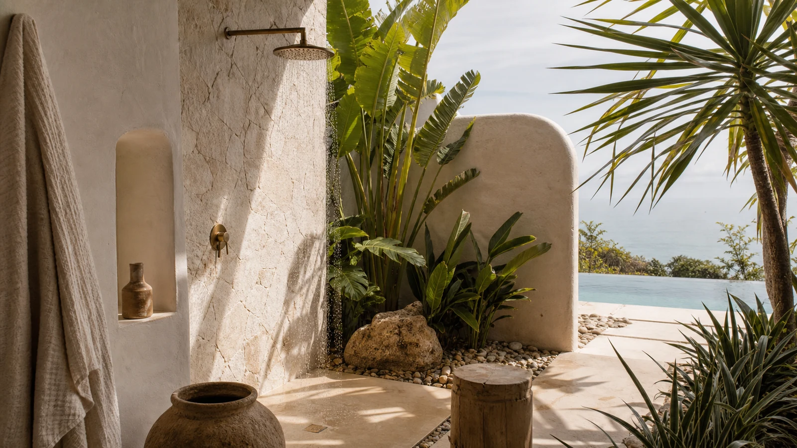 Bingin Bali villa architecture detail: outdoor shower garden with stone wall, tropical leaves, and warm natural materials.
