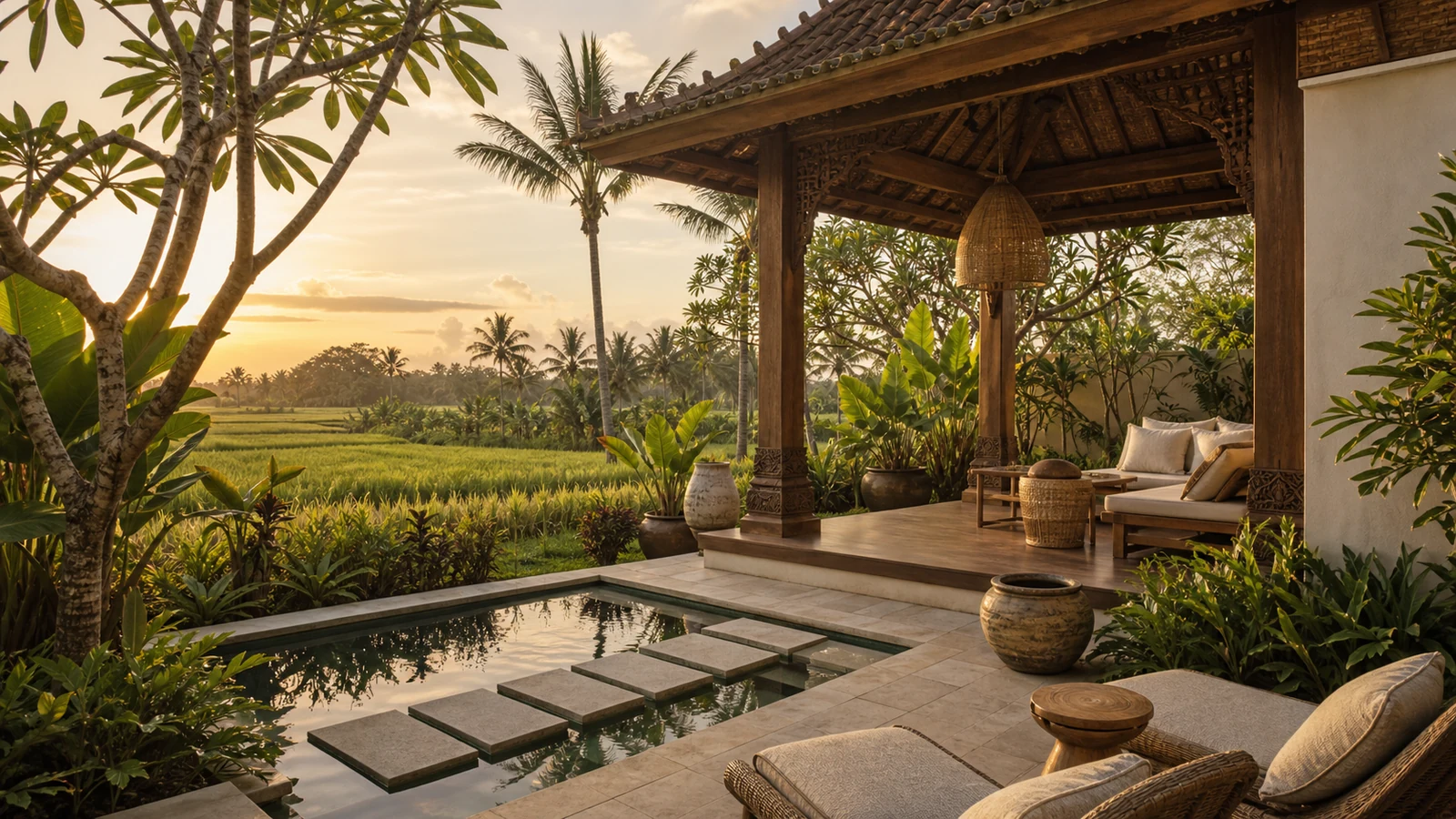 Tabanan Bali villa location feel: garden terrace that clearly reflects the selected Bali location through landscape, light, and architecture.
