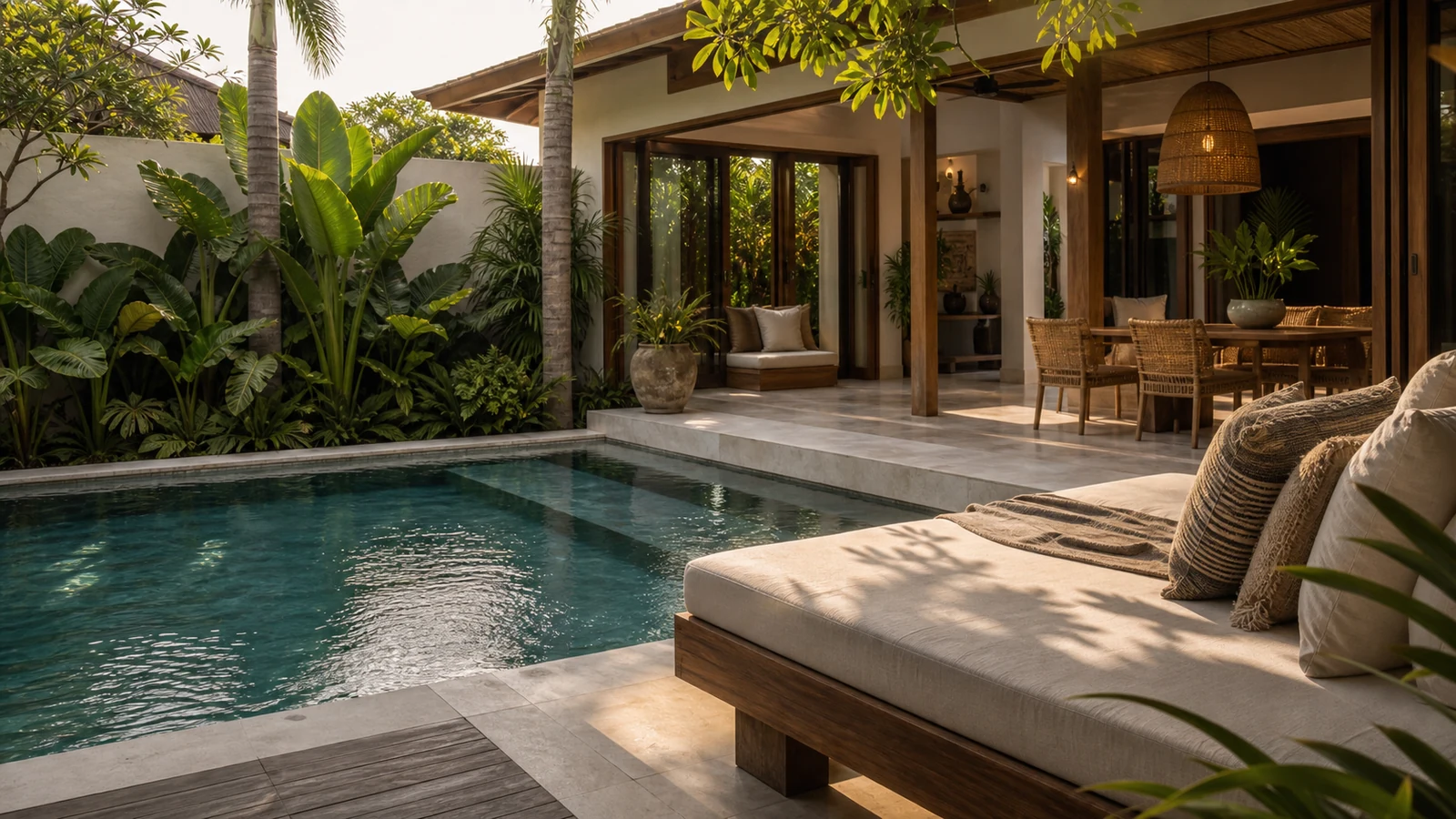 Seminyak Bali villa guest experience: poolside daybed and shaded terrace, guest-ready but not staged like a hotel advertisement.