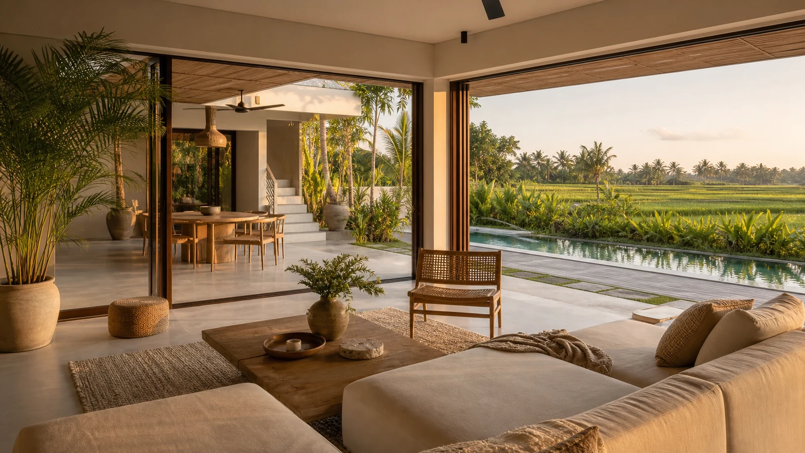 Pererenan Bali villa final villa scene: wide living room and garden composition that feels ready for a serious buyer shortlist.