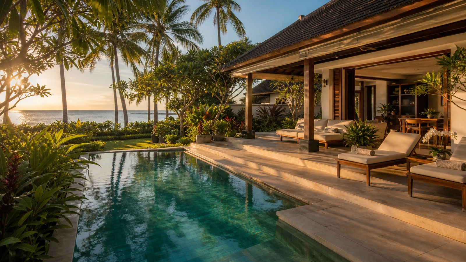 Sanur beachside villas: sanur villa pool courtyard hero scene