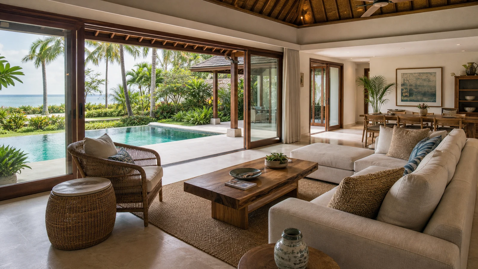 Sanur beachside villas: open-plan bali villa living and dining room