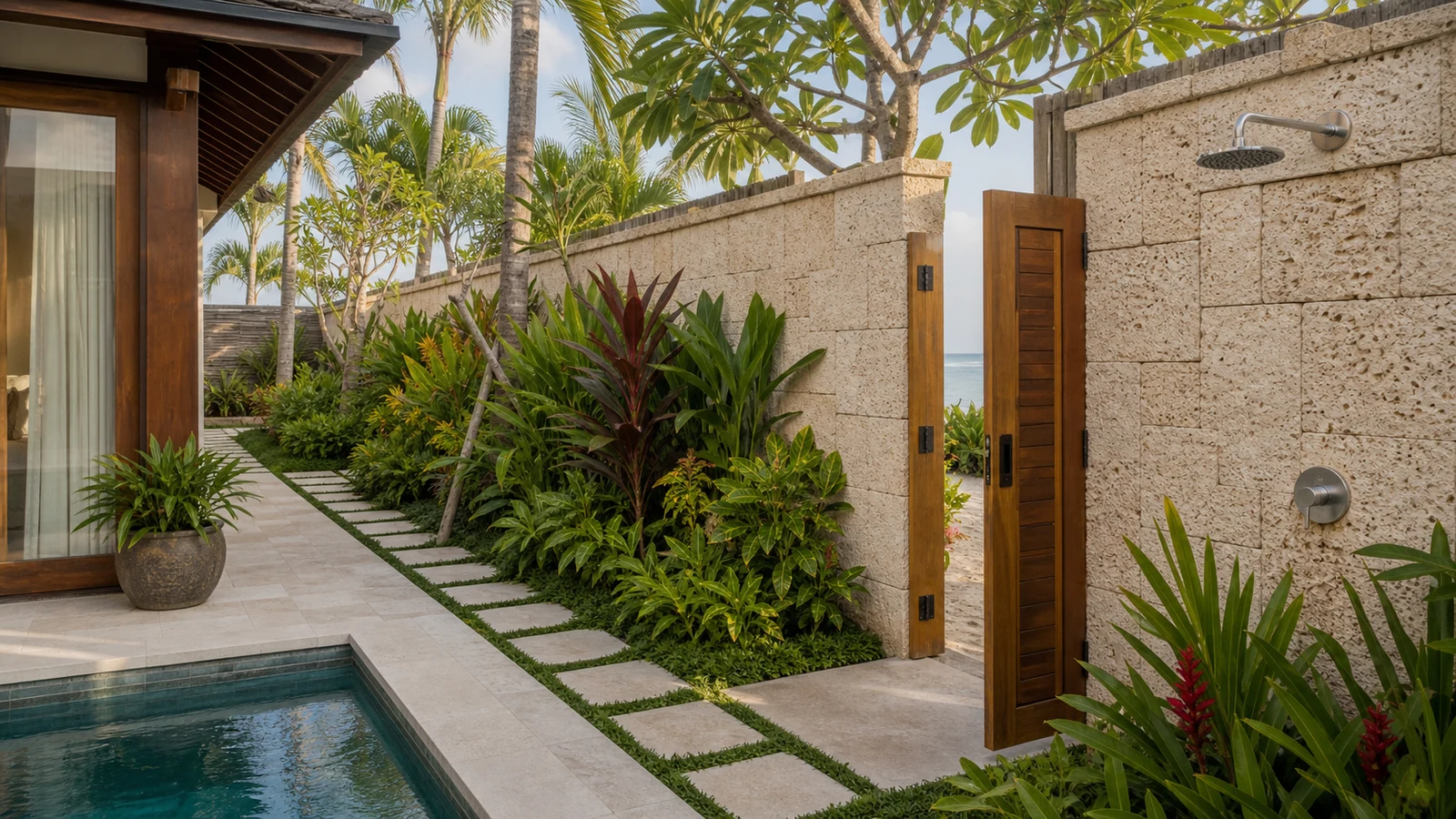 Sanur beachside villas: villa architecture, terrace, access and material details