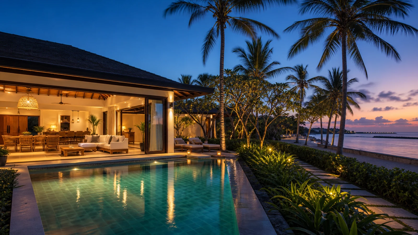 Sanur beachside villas: complete sanur villa pool and garden scene