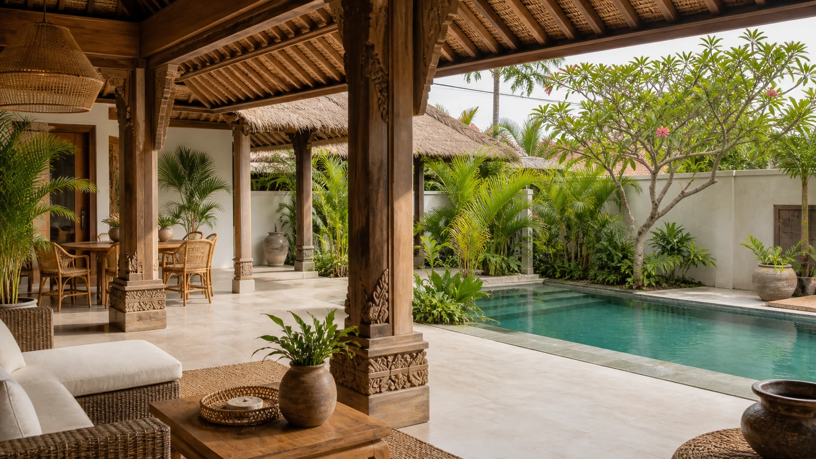 Sanur Bali villa hero: Joglo pavilion entrance with carved teak columns, rattan lounge detail, and tropical planting.
