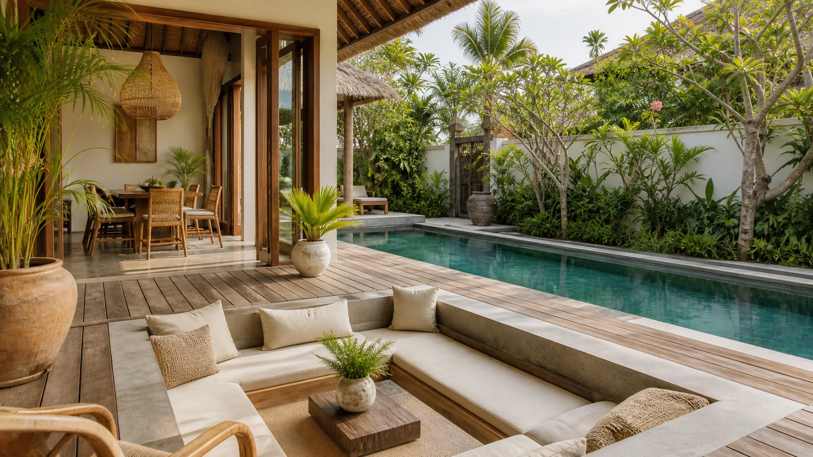Sanur Bali villa main room: sunken lounge near the pool with textured cushions, teak deck, and quiet garden enclosure.