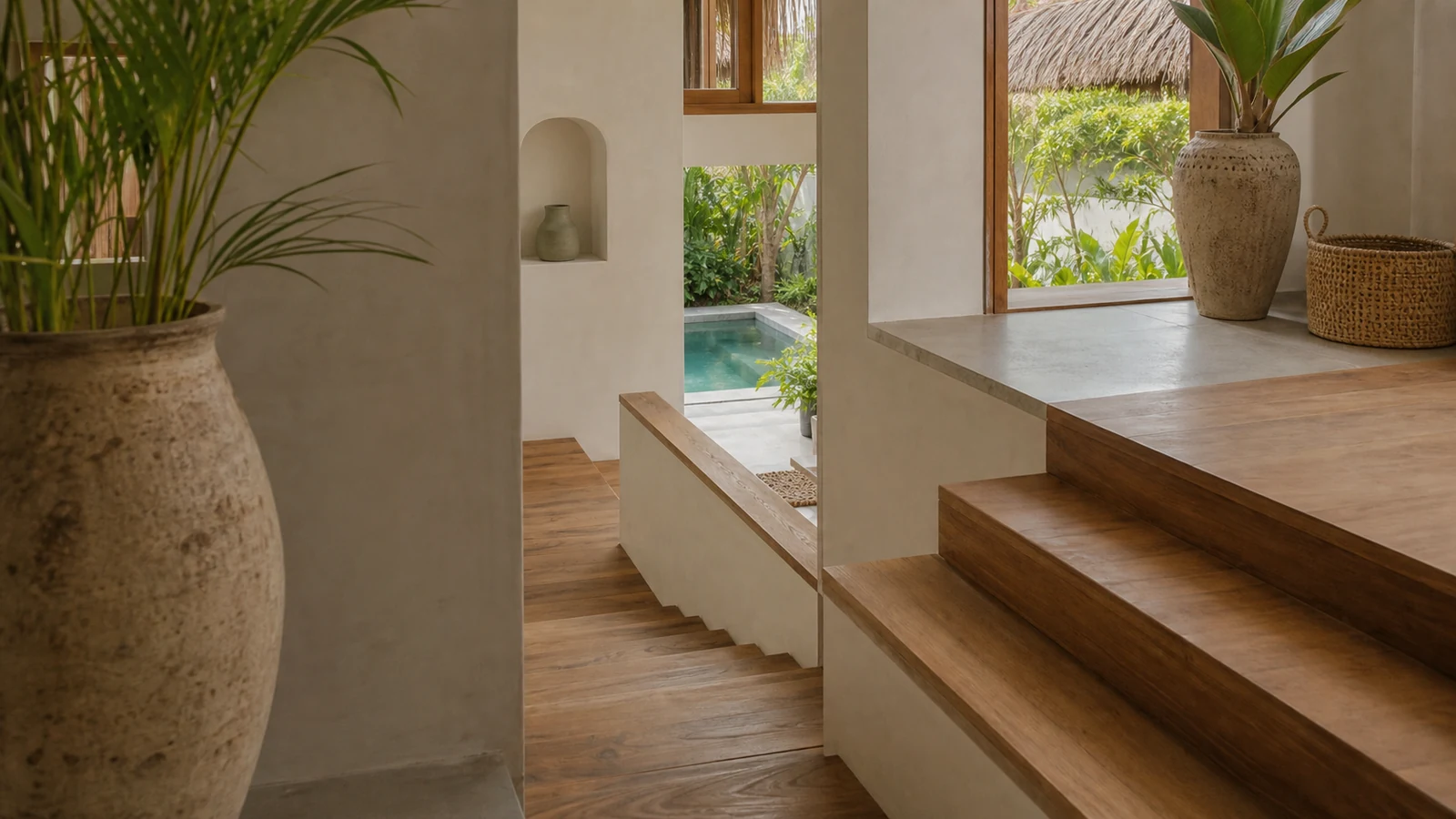 Sanur Bali villa architecture detail: split-level stairwell with teak steps, plaster walls, ceramic vessel, and courtyard glimpse.