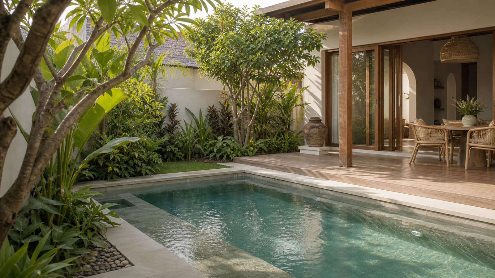 Sanur Bali villa location feel: pool edge composition that expresses the selected Bali location through planting, horizon, or courtyard density.