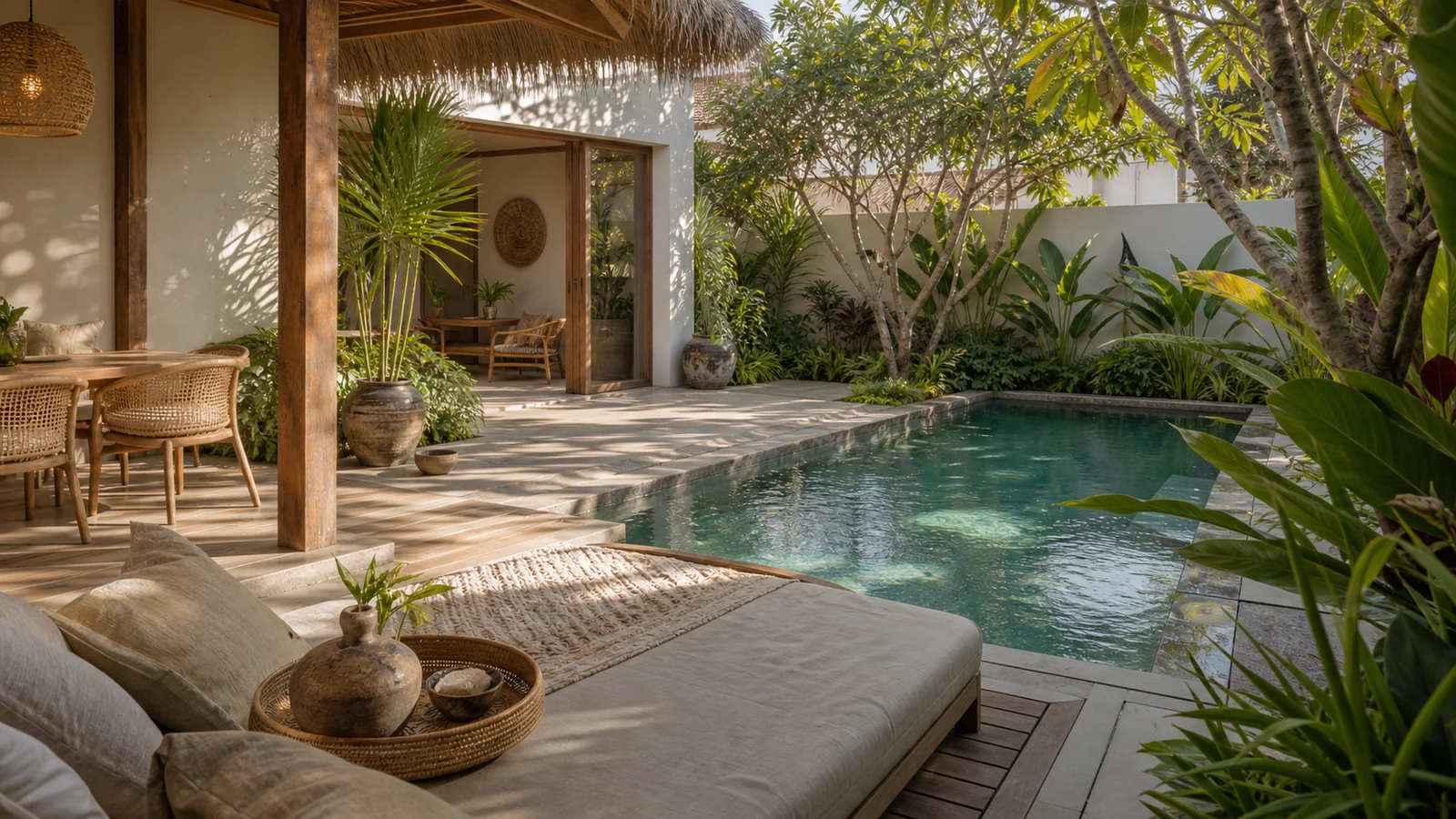 Sanur Bali villa guest experience: poolside daybed and shaded terrace, guest-ready but not staged like a hotel advertisement.
