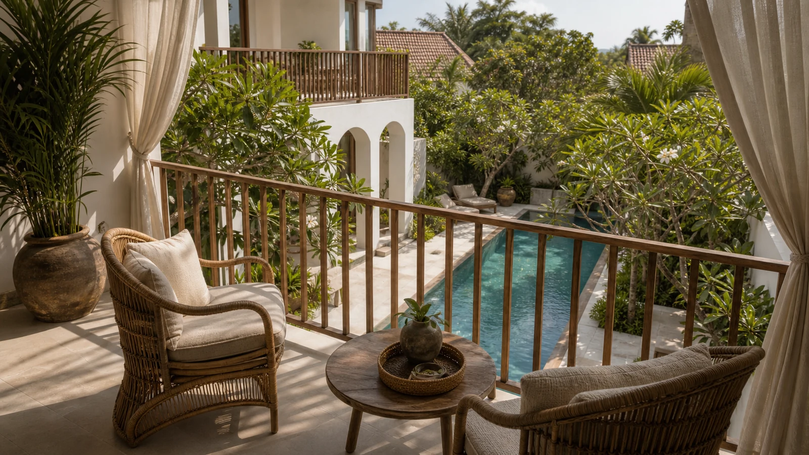 Sanur Bali villa final villa scene: second-floor lounge balcony with rattan chairs, linen curtains, and view down to the pool.