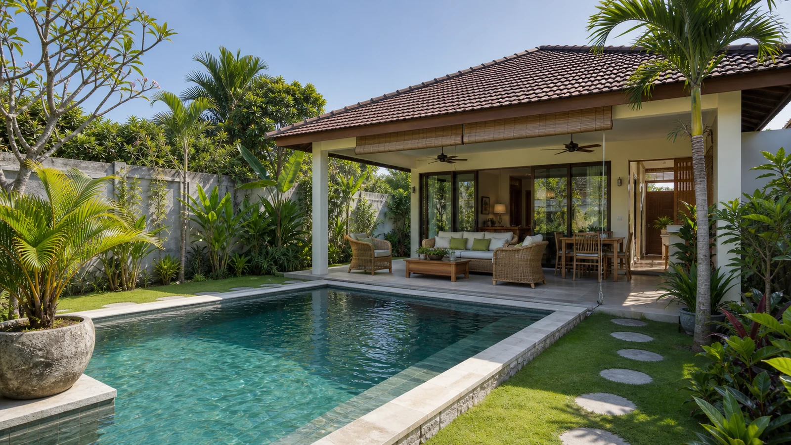 Sanur long term rental investment: sanur villa pool courtyard hero scene