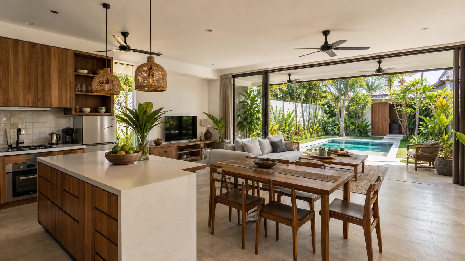 Sanur long term rental investment: open-plan bali villa living and dining room