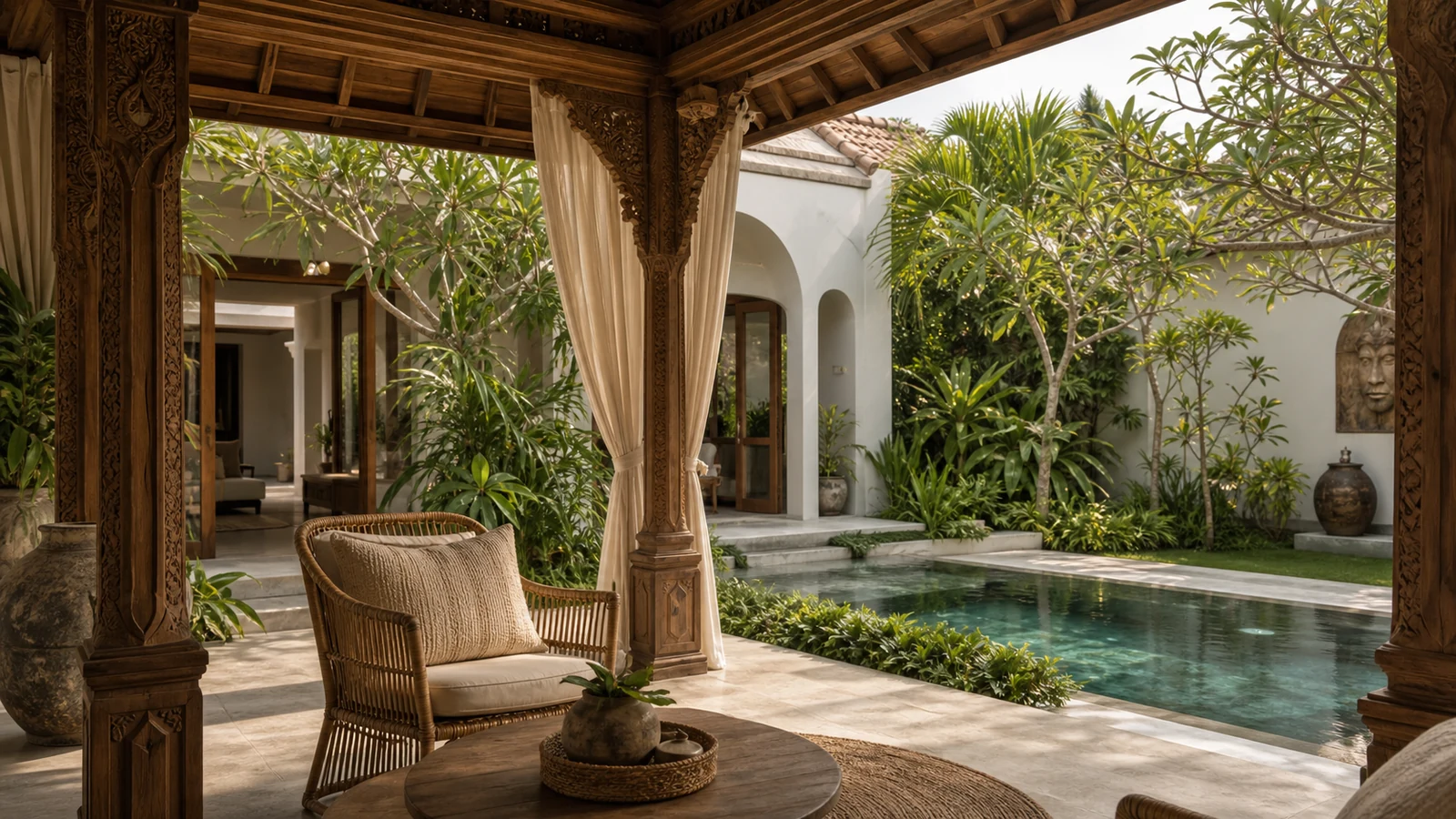 Sanur Bali villa hero: Joglo pavilion entrance with carved teak columns, rattan lounge detail, and tropical planting.