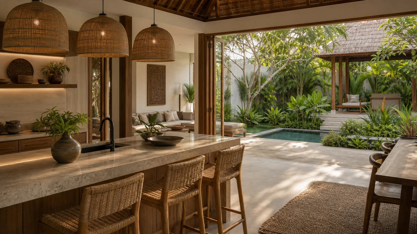 Sanur Bali villa main room: kitchen island with stone countertop, teak stools, rattan pendant lights, and garden view.