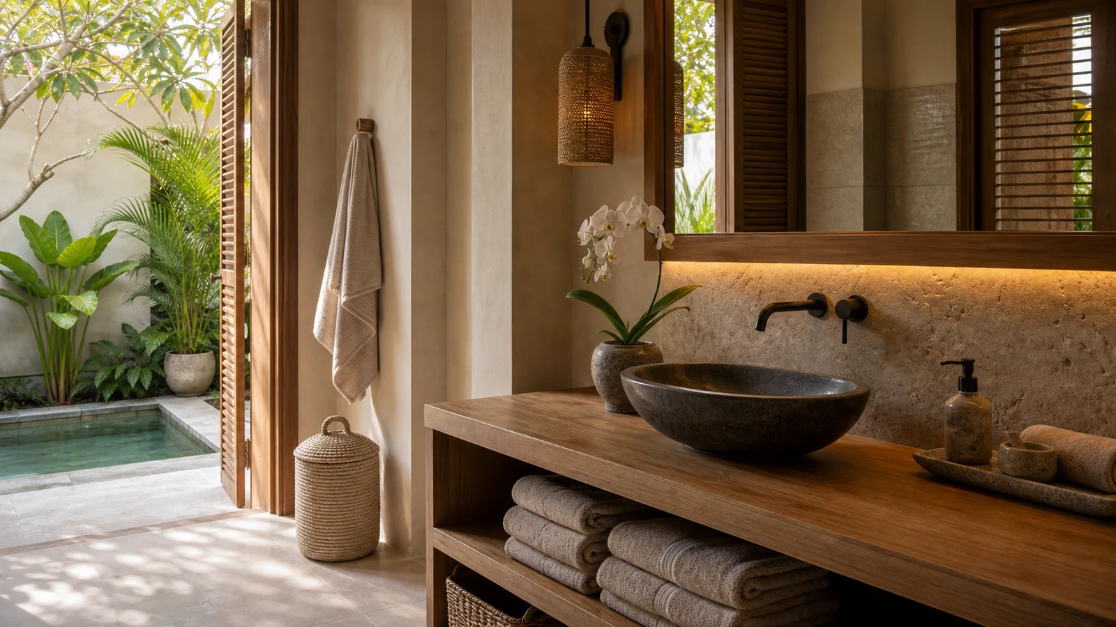 Sanur Bali villa architecture detail: enclosed spa bathroom with black stone basin, teak vanity, linen towels, and soft garden light.