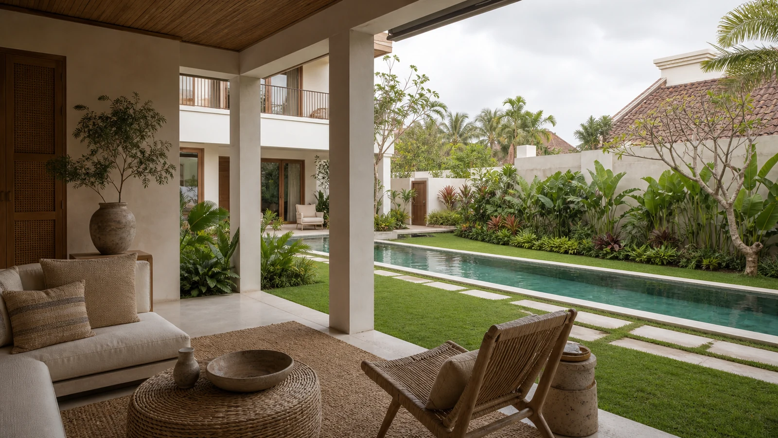 Sanur Bali villa location feel: garden terrace that clearly reflects the selected Bali location through landscape, light, and architecture.