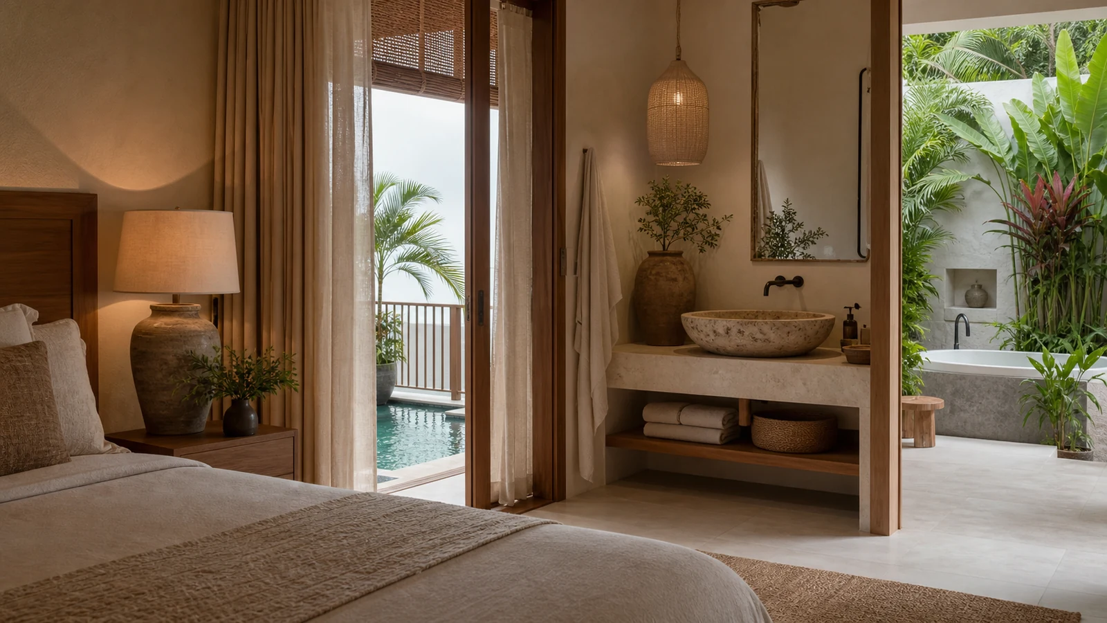 Sanur Bali villa guest experience: bedroom-to-open-air-bathroom transition with stone basin, linen textures, and tropical planting.