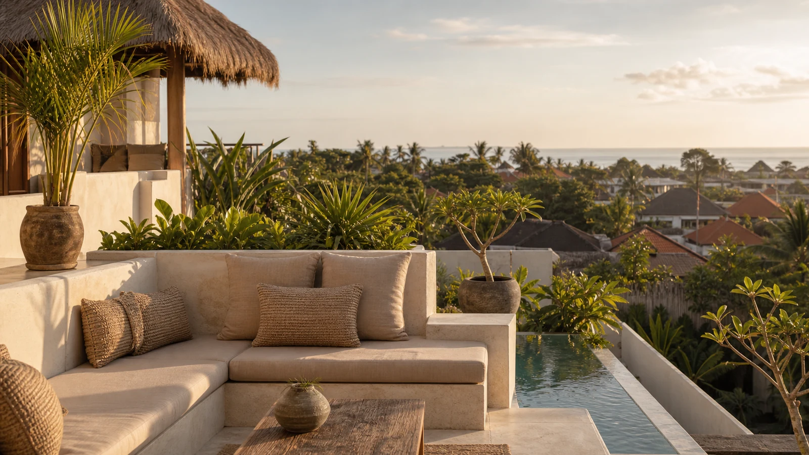 Sanur Bali villa final villa scene: rooftop terrace with built-in seating, textured plaster, tropical planting, and distant location-specific view.