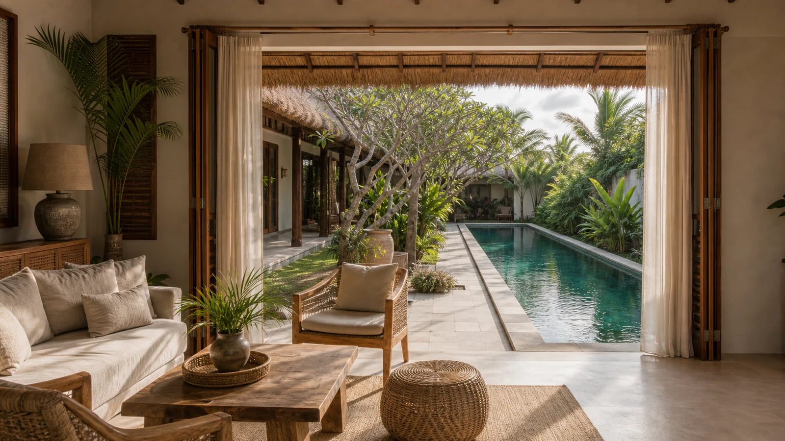 Sanur Bali villa hero: open living-to-pool transition with wide timber doors and linen curtains.