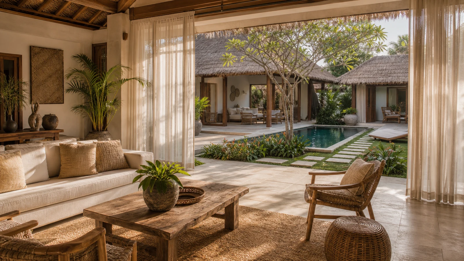 Sanur Bali villa main room: open living room with linen sofa, rattan chairs, stone floor, and pool courtyard beyond.