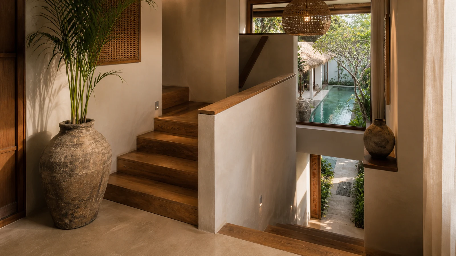 Sanur Bali villa architecture detail: split-level stairwell with teak steps, plaster walls, ceramic vessel, and courtyard glimpse.