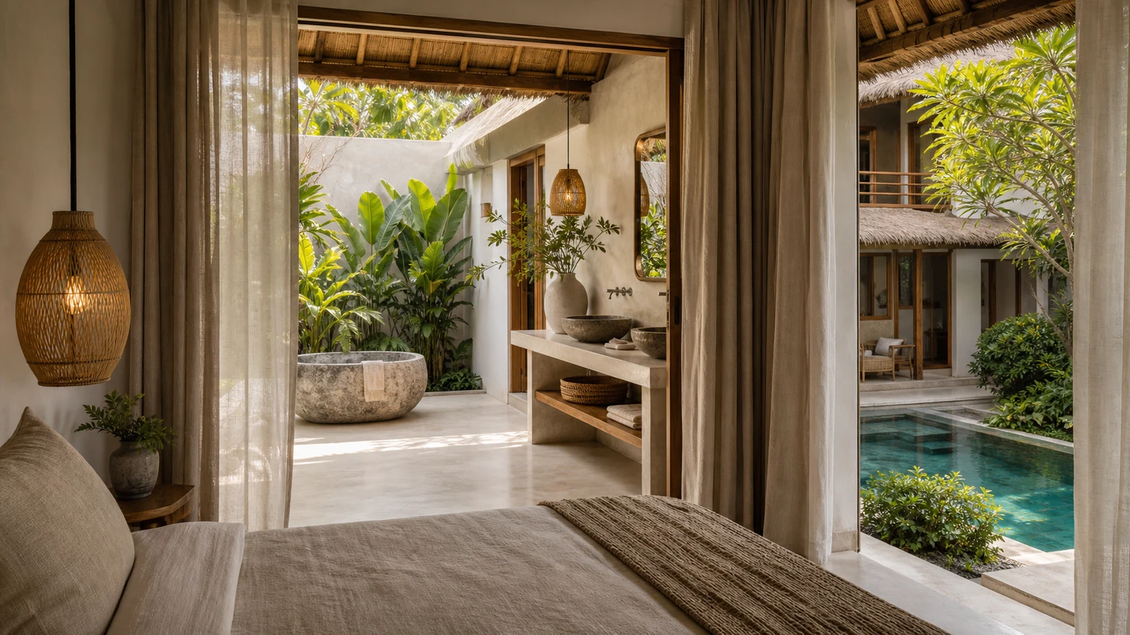 Sanur Bali villa guest experience: bedroom-to-open-air-bathroom transition with stone basin, linen textures, and tropical planting.