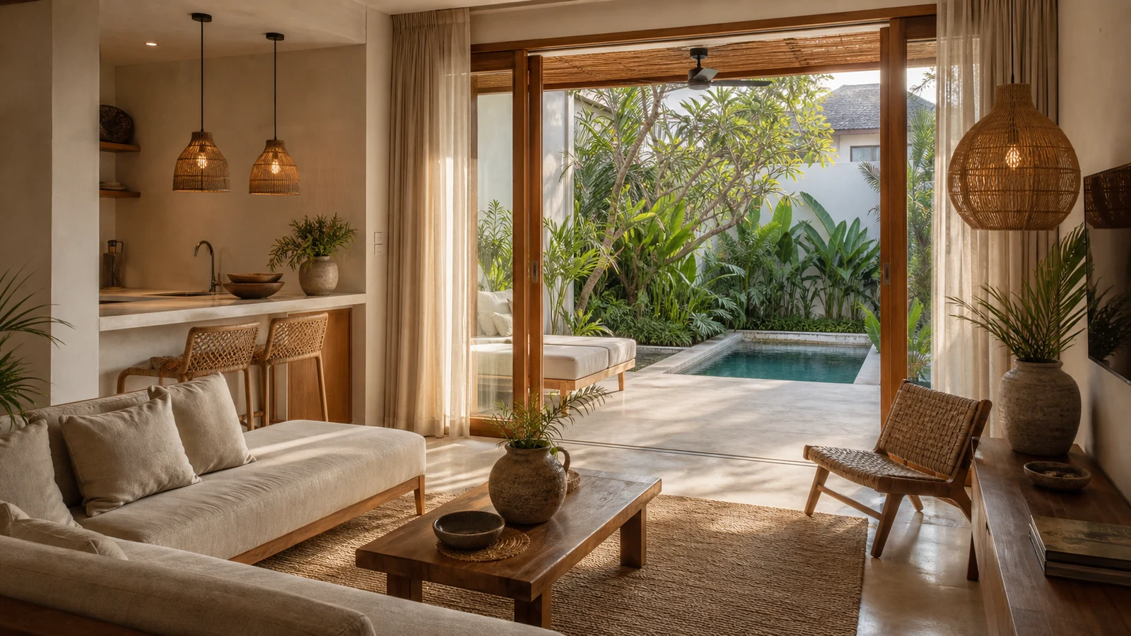 Sanur Bali villa final villa scene: wide living room and garden composition that feels ready for a serious buyer shortlist.