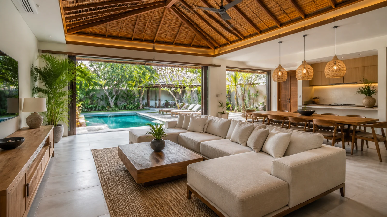 Sanur villa rental yield: open-plan bali villa living and dining room