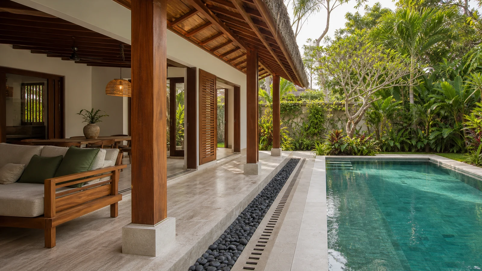 Sanur villa rental yield: villa architecture, terrace, access and material details