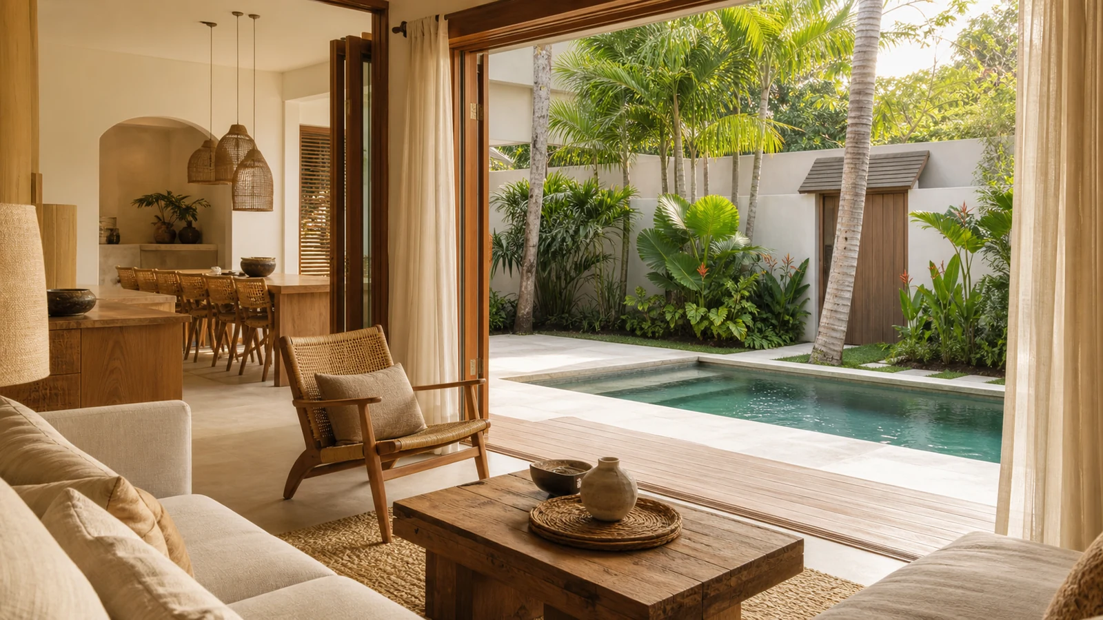 Sanur Bali villa hero: open living-to-pool transition with wide timber doors and linen curtains.