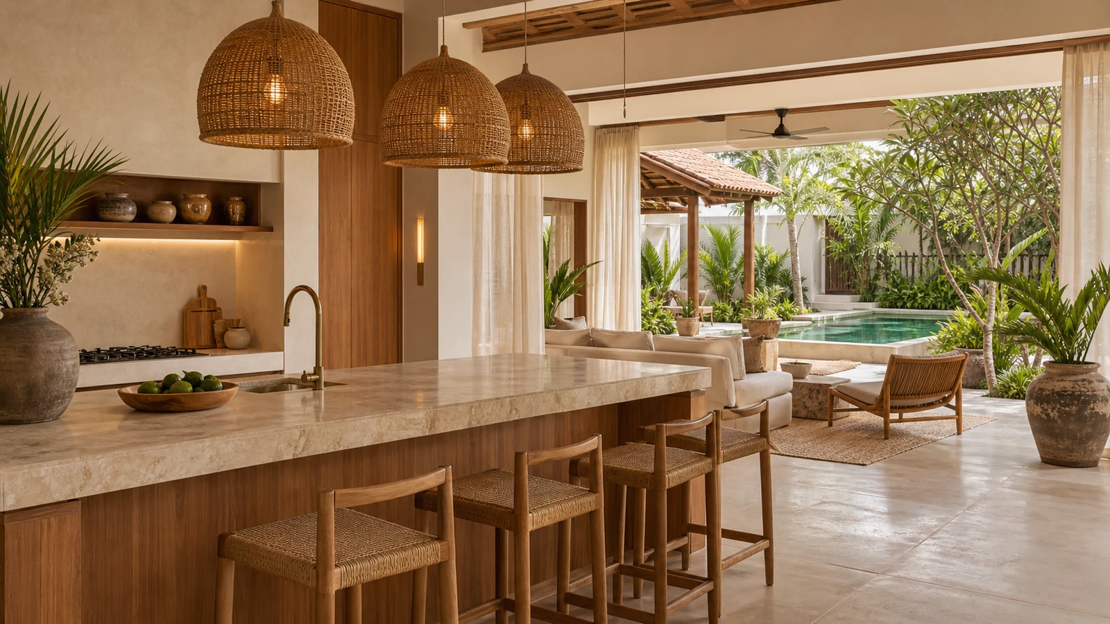 Sanur Bali villa main room: kitchen island with stone countertop, teak stools, rattan pendant lights, and garden view.