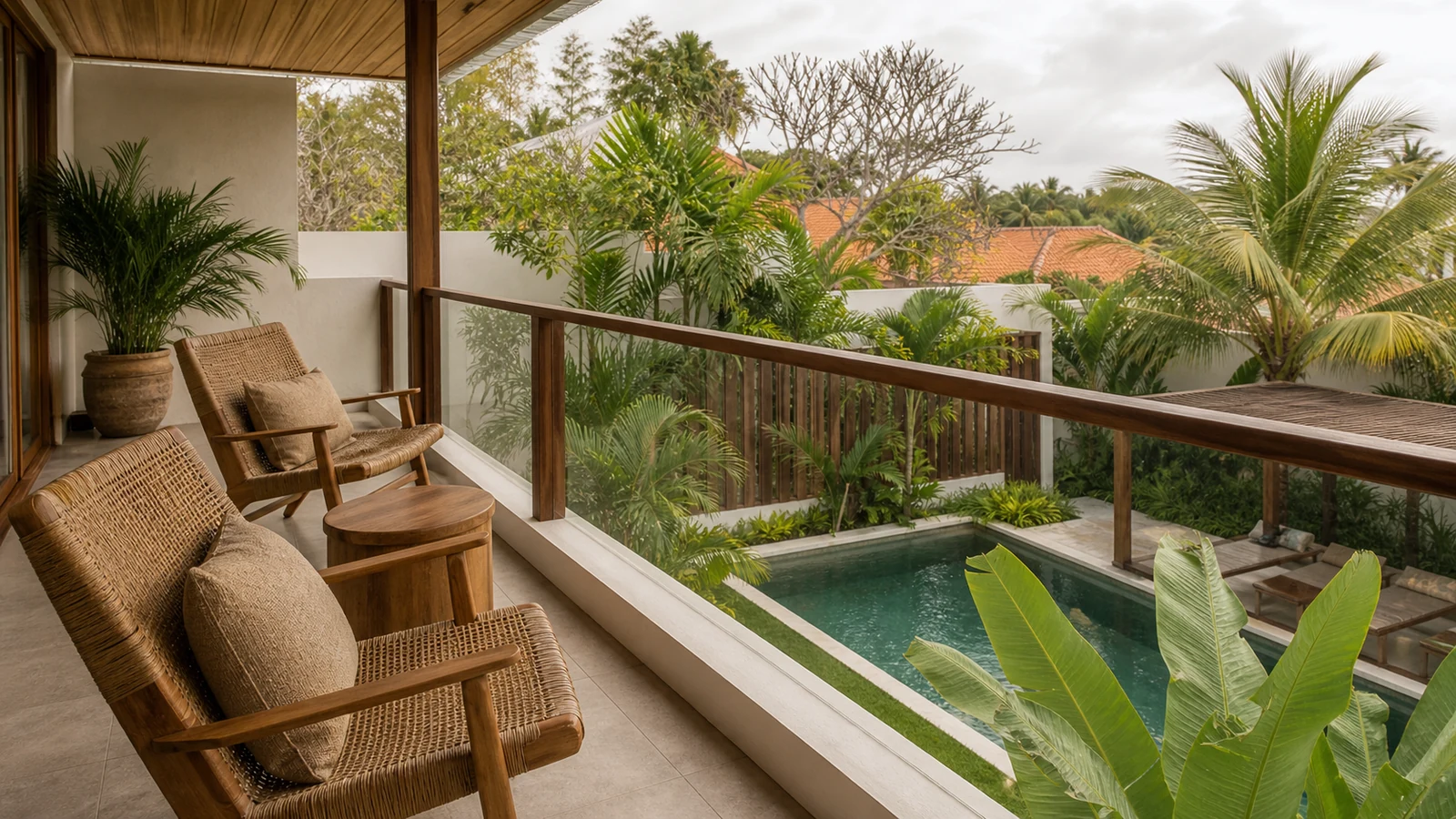 Sanur Bali villa architecture detail: second-floor balcony with woven chairs looking over the pool and tropical garden.