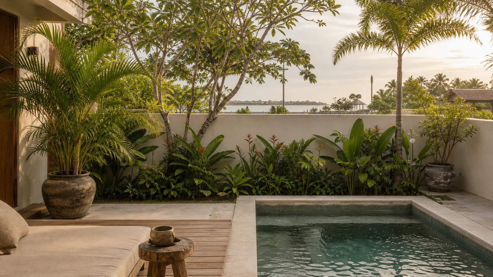 Sanur Bali villa location feel: pool edge composition that expresses the selected Bali location through planting, horizon, or courtyard density.