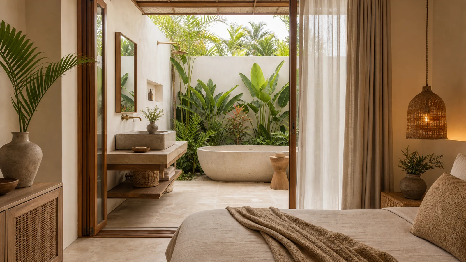 Sanur Bali villa guest experience: bedroom-to-open-air-bathroom transition with stone basin, linen textures, and tropical planting.