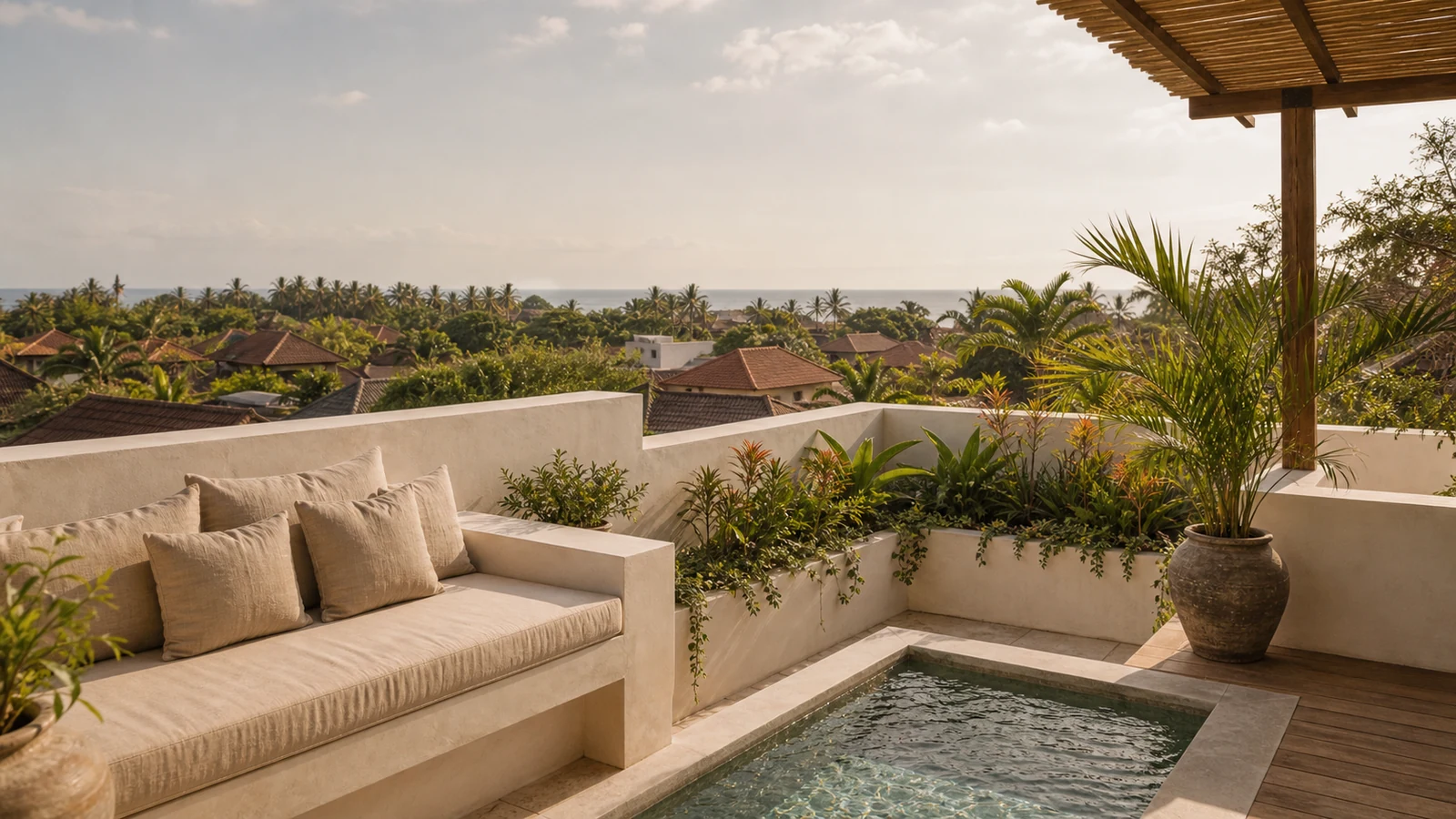 Sanur Bali villa final villa scene: rooftop terrace with built-in seating, textured plaster, tropical planting, and distant location-specific view.