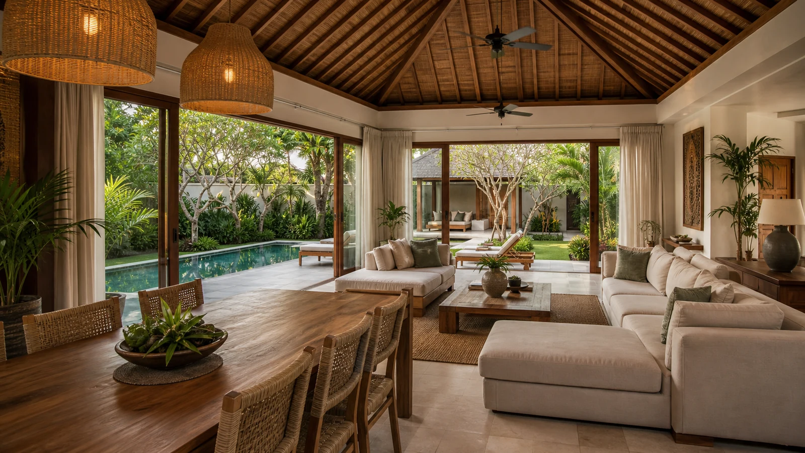 Sanur vs Canggu property: open-plan bali villa living and dining room