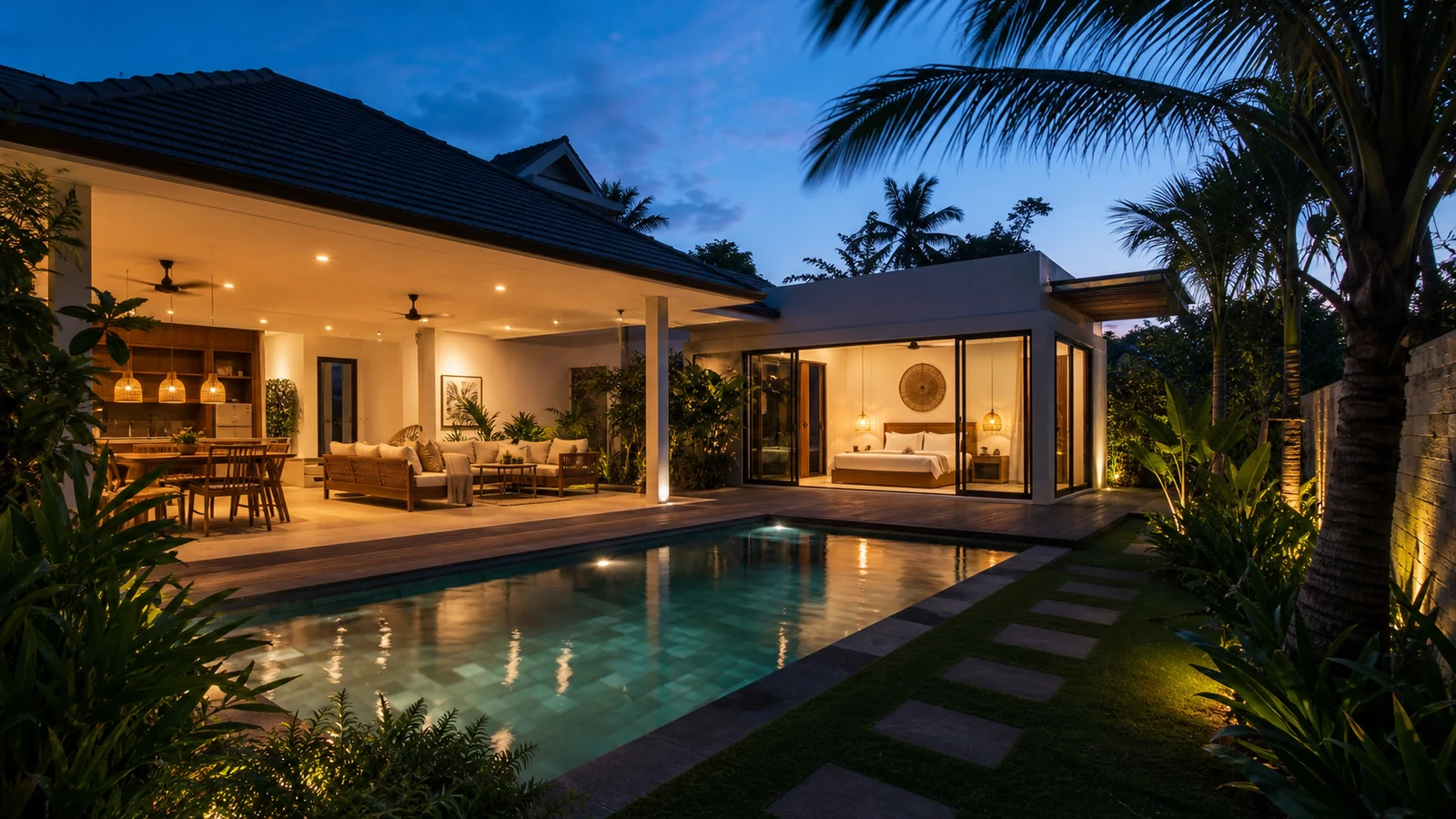 Sanur vs Canggu property: complete sanur villa pool and garden scene