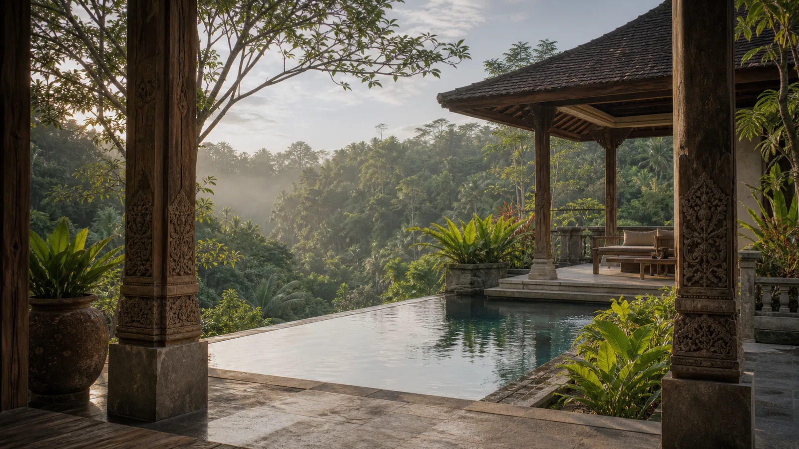 Sayan Bali villa hero: Sayan Ubud villa with jungle valley, infinity pool, stone and teak architecture: hero villa scene