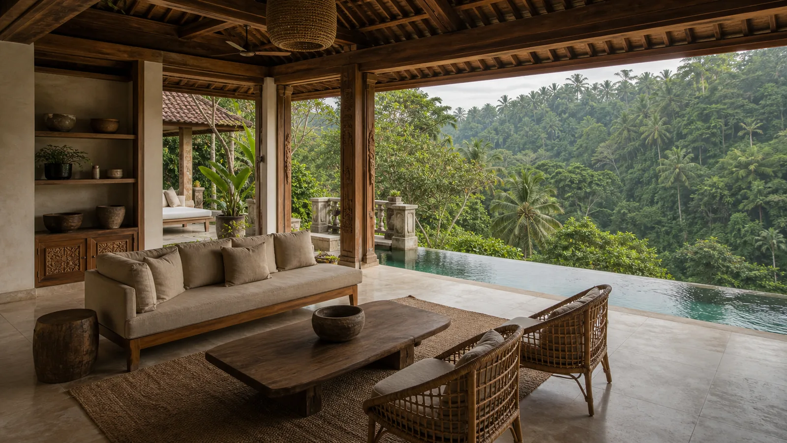 Sayan Bali villa main room: Sayan Ubud villa with jungle valley, infinity pool, stone and teak architecture: main room villa scene