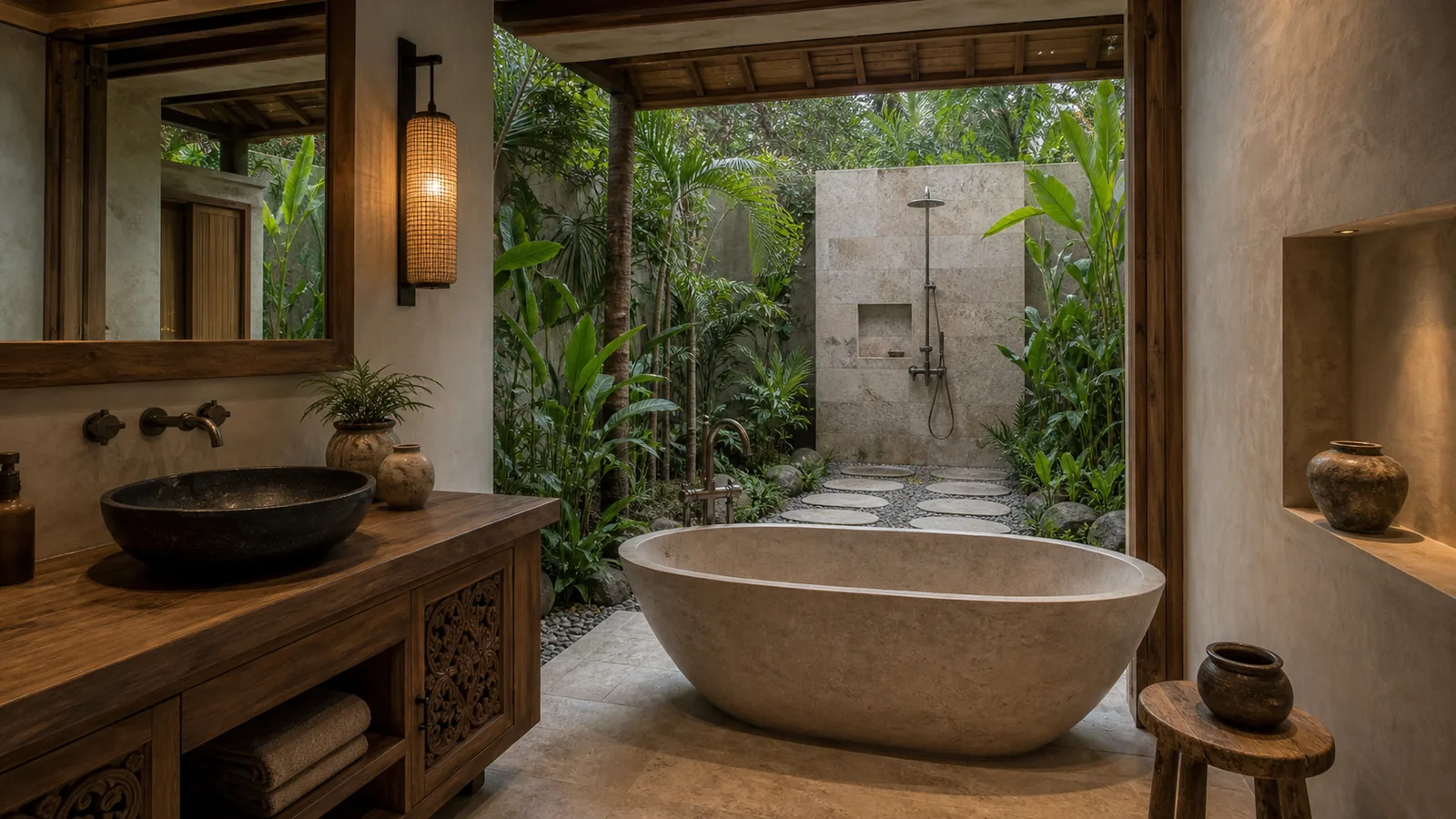 Sayan Bali villa architecture detail: Sayan Ubud villa with jungle valley, infinity pool, stone and teak architecture: architecture detail villa scene