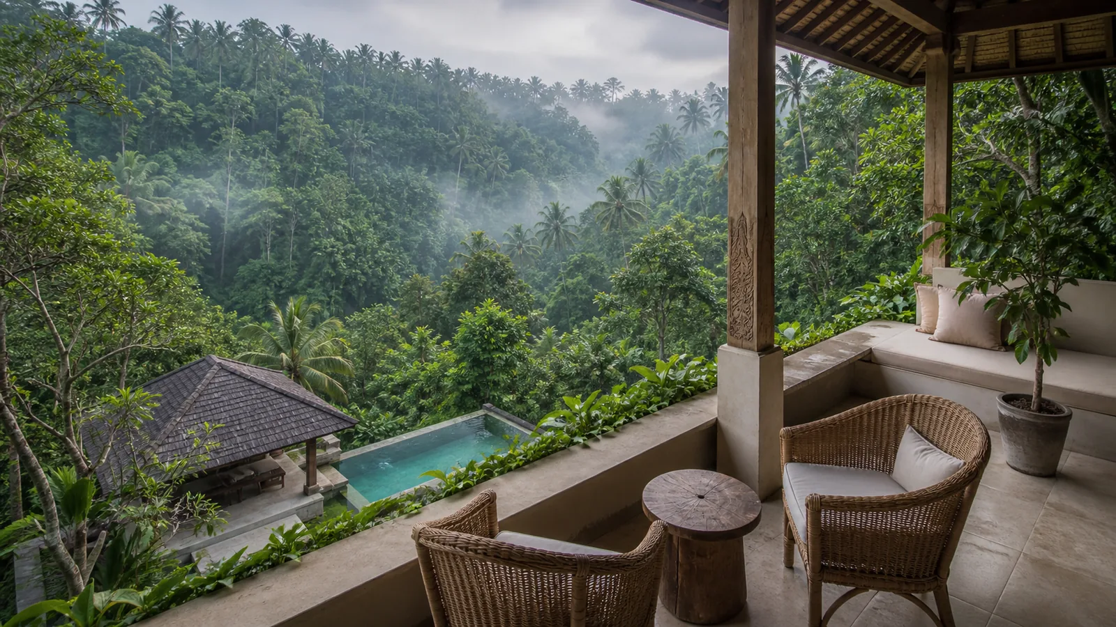 Sayan Bali villa location feel: Sayan Ubud villa with jungle valley, infinity pool, stone and teak architecture: location feel villa scene