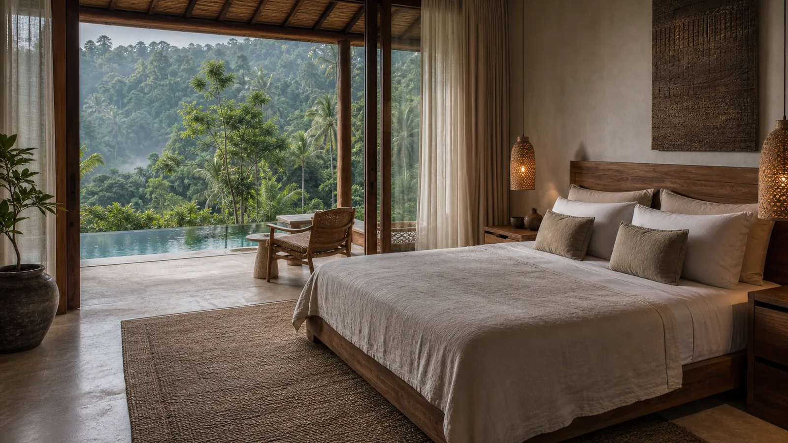 Sayan Bali villa guest experience: Sayan Ubud villa with jungle valley, infinity pool, stone and teak architecture: guest experience villa scene