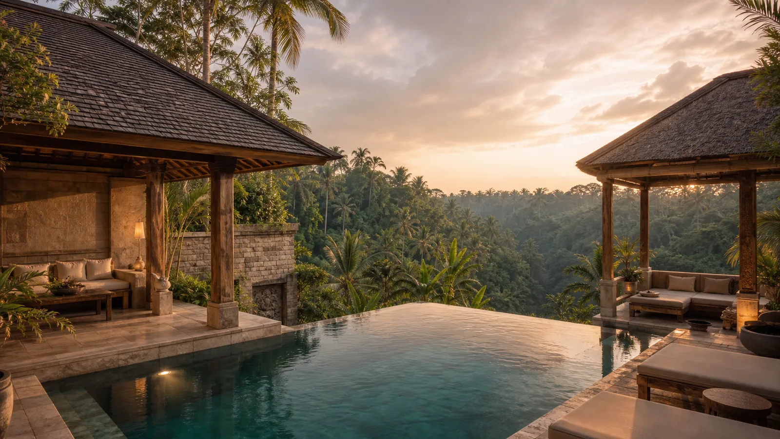 Sayan Bali villa final villa scene: Sayan Ubud villa with jungle valley, infinity pool, stone and teak architecture: final villa scene