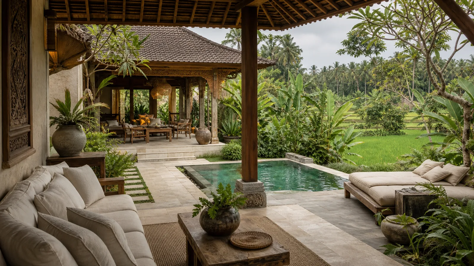 Ubud Bali villa hero: whole-villa pool courtyard with living pavilion, garden depth, and layered indoor-outdoor framing