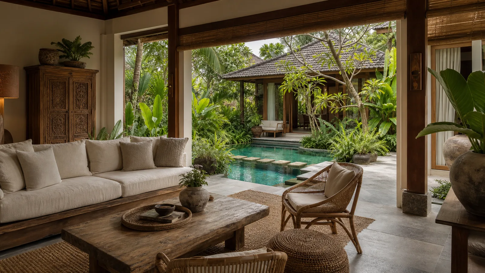 Ubud Bali villa main room: open living room with linen sofa, rattan chairs, stone floor, and pool courtyard beyond
