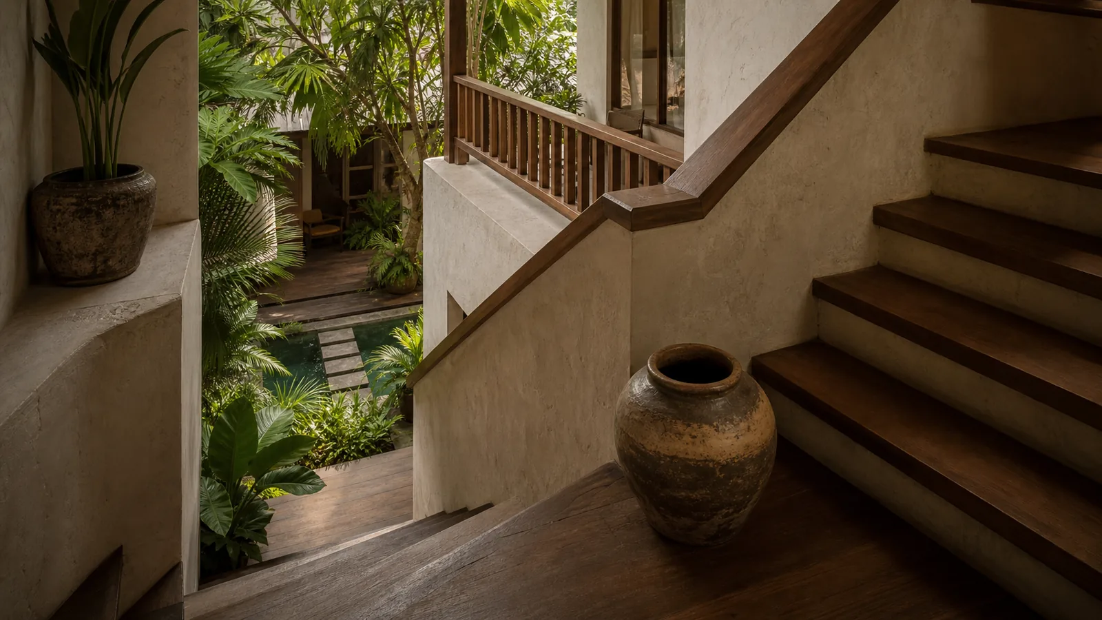 Ubud Bali villa architecture detail: split-level stairwell with teak steps, plaster walls, ceramic vessel, and courtyard glimpse
