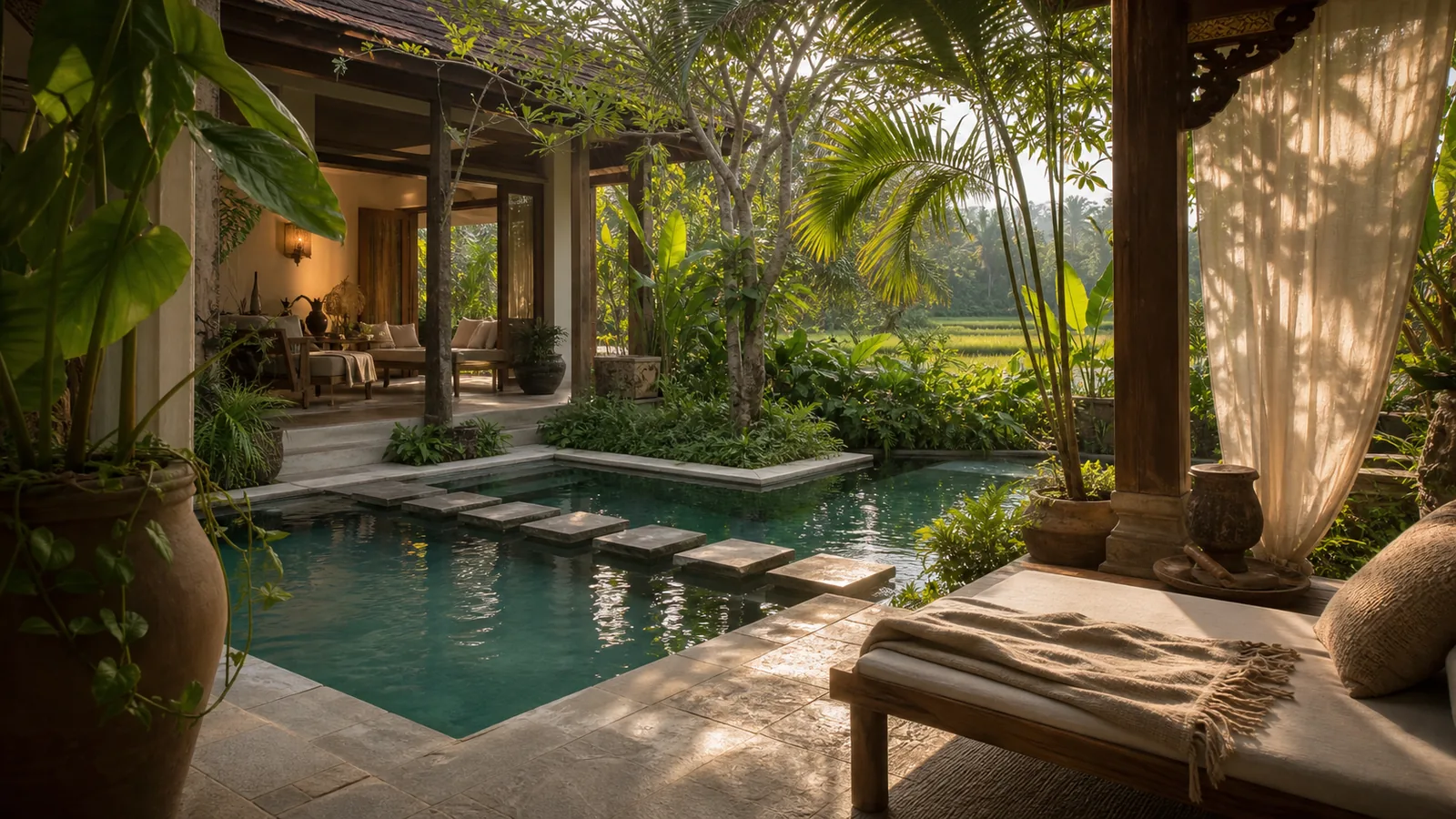 Ubud Bali villa location feel: pool edge composition that expresses the selected Bali location through planting, horizon, or courtyard density
