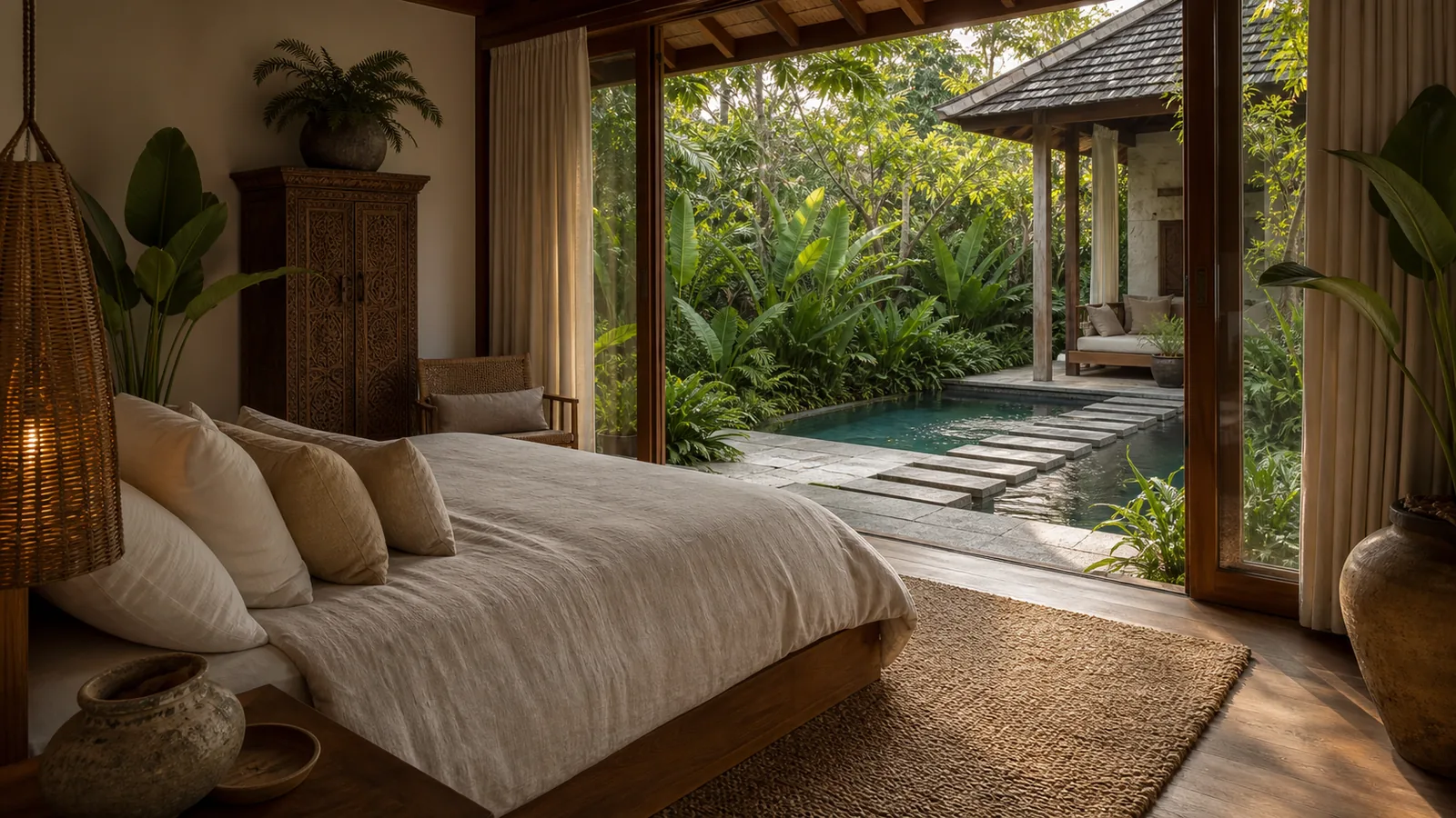 Ubud Bali villa guest experience: guest bedroom with linen bed, woven rug, teak side table, and garden or pool transition